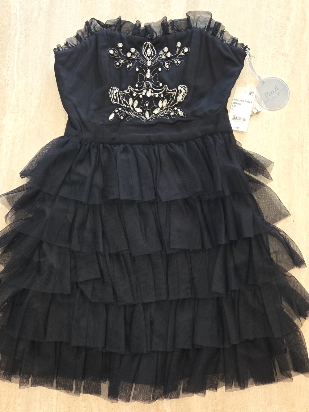 Marchesa Black Tiered Tulle Mini Dress with Beaded Bodice